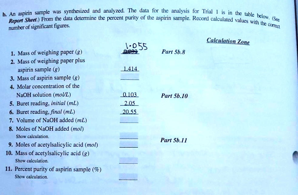 SOLVED An aspirn sample Was synthesized and analyzed The data for the