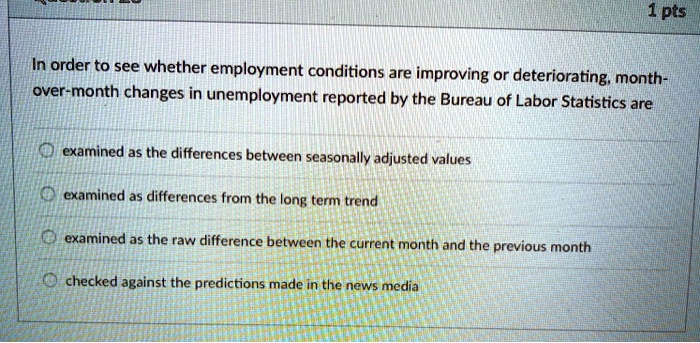 In order to see whether employment conditions are improving or deteriorating, month-over-month changes in unemployment reported by the Bureau of Labor Statistics are

examined as the differences between seasonally adjusted values
examined as differences from the long term trend
examined as the raw difference between the current month and the previous month
checked against the predictions made in the news media