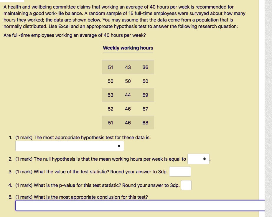 A health and wellbeing committee claims that working an average of 40 hours per week is recommended for maintaining a good work-life balance. A random sample of 15 full-time employees were surveyed about how many hours they worked; the data are shown below. You may assume that the data come from a population that is normally distributed. Use Excel and an appropriate hypothesis test to answer the following research question: Are full-time employees working an average of 40 hours per week?

Weekly working hours

51 43 36
50 50 50
53 44 59
52 46 57
51 46 68

1. (1 mark) The most appropriate hypothesis test for these data is:
2. (1 mark) The null hypothesis is that the mean working hours per week is equal to
3. (1 mark) What the value of the test statistic? Round your answer to 3dp.
4. (1 mark) What is the p-value for this test statistic? Round your answer to 3dp.
5. (1 mark) What is the most appropriate conclusion for this test?