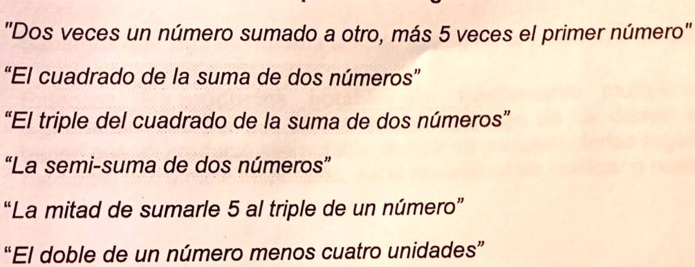 SOLVED: lenguaje algebraico. "Dos veces un número sumado a otro; más 5