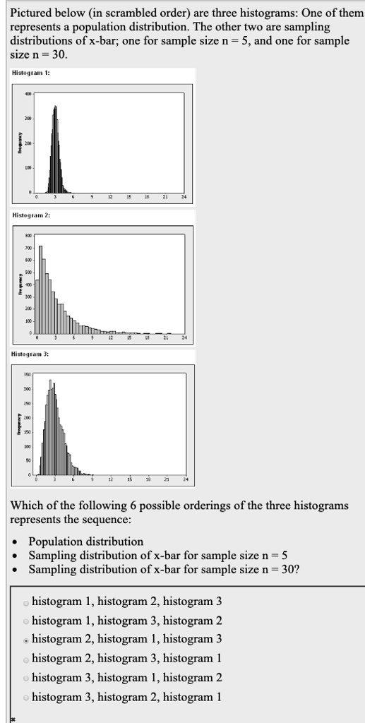 Solved Pictured Below In Scrambled Order Are Three Histograms One Of Them Rcprescnts Population Distribution The Other Two Are Sampling Distributions Of X Bar One For Sample Size N 5 And Onc For Sample