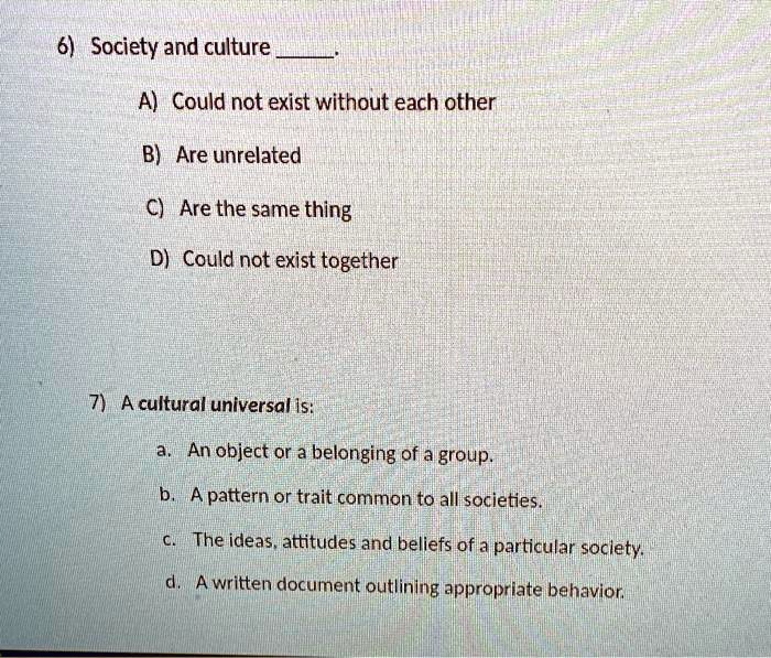 6) Society And Culture A) Could Not Exist Without Each Other B) Are ...