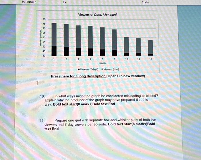 Viewers of Data, Managed
Viewers (millions)
80
75
70
65
60
55
50
45
40
1 2 3 4 5 6 10 11 12
Episode
Viewers (7 days) Viewers (Live)
Press here for a long description.(Opens in new window)
10. In what ways might the graph be considered misleading or biased? Explain why the producer of the graph may have prepared it in this way. (8 marks)
11. Prepare one grid with separate box-and-whisker plots of both live viewers and 7-day viewers per episode. (8 marks)