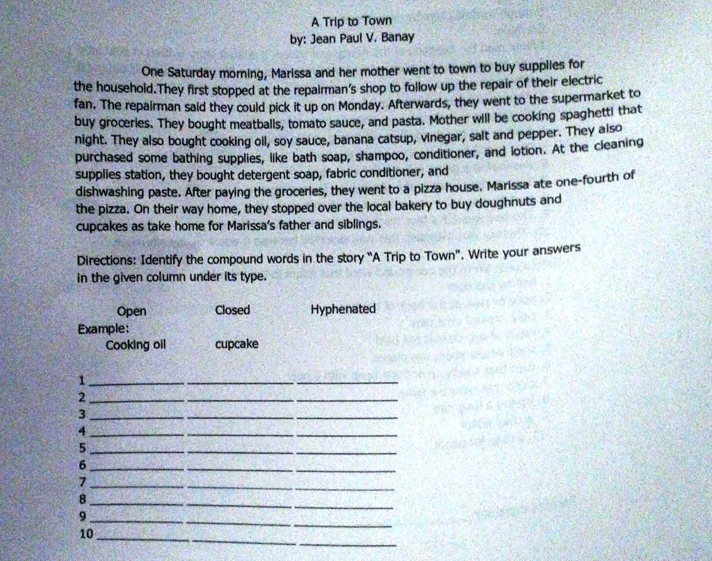 SOLVED Directions Identify the compound words in the story "A Trip to