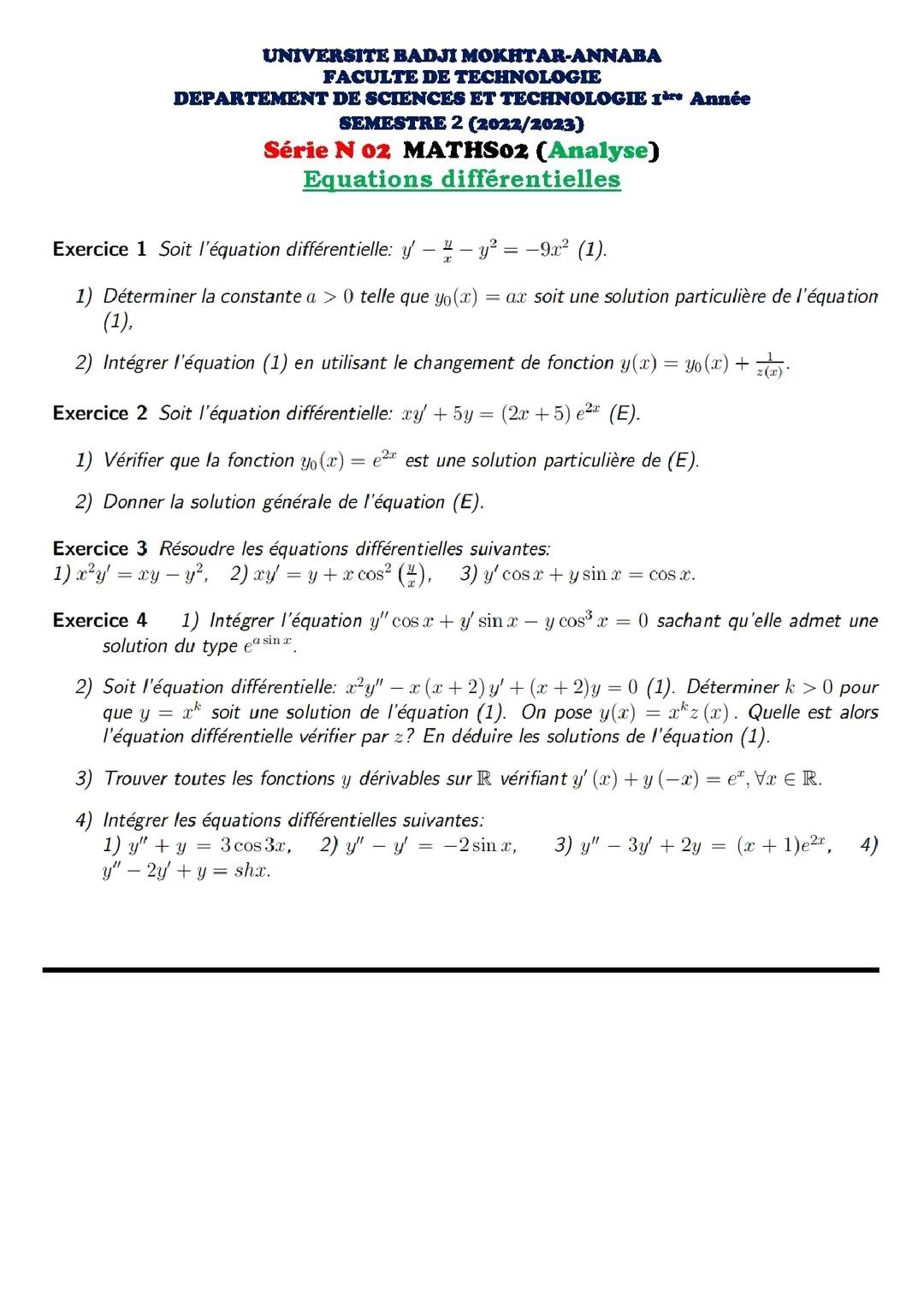 Solved Faculie De Teclioloeis Stmeslre 2 20222023 Srie N 12 Matlsoz Amalyse Fquations 2834