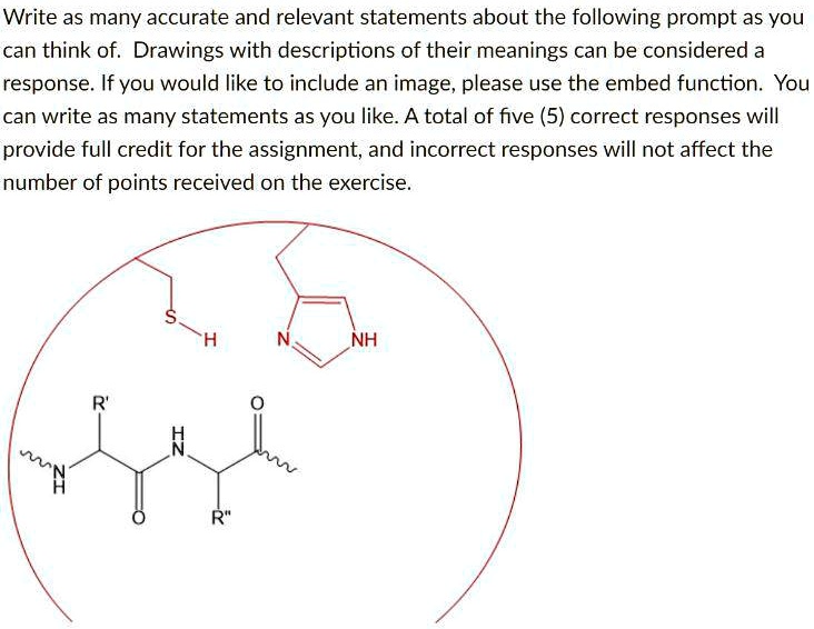 Write as many accurate and relevant statements about the following prompt as you can think of. Drawings with descriptions of their meanings can be considered a response. If you would like to include an image, please use the embed function. You can write as many statements as you like. A total of five (5) correct responses will provide full credit for the assignment, and incorrect responses will not affect the number of points received on the exercise.
