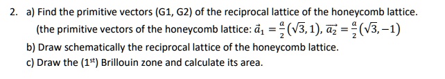2. a) Find the primitive vectors (G1, G2) of the reciprocal lattice of the honeycomb lattice.
(the primitive vectors of the honeycomb lattice: a⃗1⃗ = (a)/(2) (√(3), 1), a⃗2⃗ = (a)/(2) (√(3), -1)
b) Draw schematically the reciprocal lattice of the honeycomb lattice.
c) Draw the (1st) Brillouin zone and calculate its area.