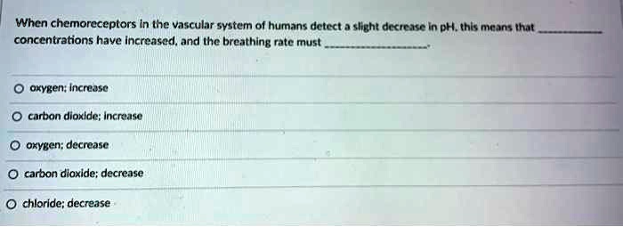 When chemoreceptors in the vascular system of humans detect a slight decrease in pH, this means that  concentrations have increased, and the breathing rate must .

oxygen; increase
carbon dioxide; increase
oxygen; decrease
carbon dioxide; decrease
chloride; decrease