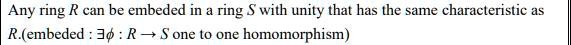 Any ring R can be embedded in a ring S with unity that has the same characteristic as R. (embedded: ∃ϕ: R → S one to one homomorphism)