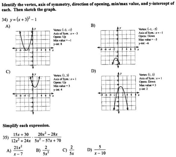 Solved Identify The Vertex Axis Of Symmetry Direction Of Opening Min Max Valuc And Y Intercept Of Each Then Sketch The Graph 34 Y R 3 Vener 3 Abolslm 443 Opet Up Min Valuk 1