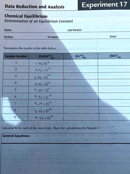 SOLVED Data Reduction and Analysis Chemical Equilibrium Determination