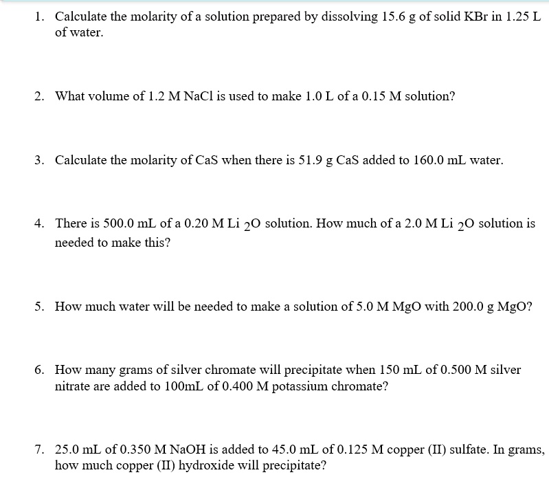 SOLVED: 1. Calculate the molarity of a solution prepared by dissolving ...