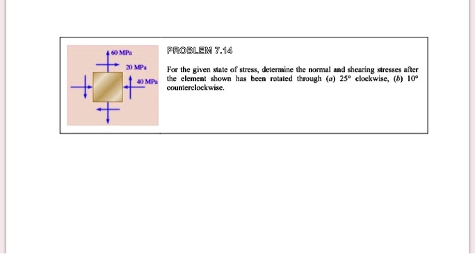 PROBLEM 7.14
For the given state of stress, determine the normal and shearing stresses after the element shown has been rotated through (a) 25° clockwise, (b) 10° counterclockwise.