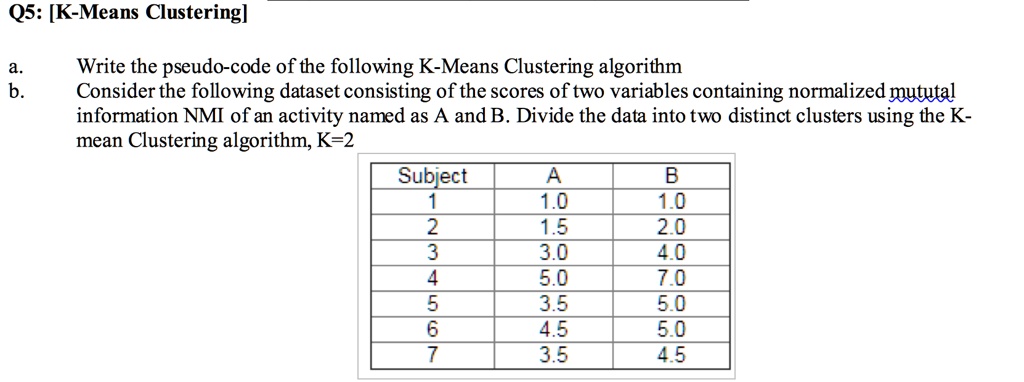 SOLVED: Q5: [K-Means Clustering] Write the pseudo-code of the following ...