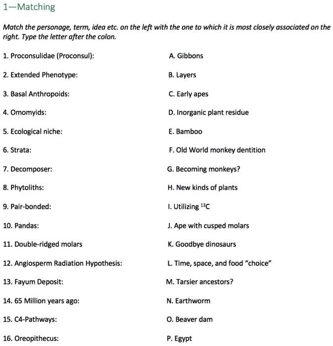 1—Matching

Match the personage, term, idea etc. on the left with the one to which it is most closely associated on the right. Type the letter after the colon.

1. Proconsulidae (Proconsul):
A. Gibbons

2. Extended Phenotype:
B. Layers

3. Basal Anthropoids:
C. Early apes

4. Omomyids:
D. Inorganic plant residue

5. Ecological niche:
E. Bamboo

6. Strata:
F. Old World monkey dentition

7. Decomposer:
G. Becoming monkeys?

8. Phytoliths:
H. New kinds of plants

9. Pair-bonded:
I. Utilizing 13C

10. Pandas:
J. Ape with cusped molars

11. Double-ridged molars
K. Goodbye dinosaurs

12. Angiosperm Radiation Hypothesis:
L. Time, space, and food "choice"

13. Fayum Deposit:
M. Tarsier ancestors?

14. 65 Million years ago:
N. Earthworm

15. C4-Pathways:
O. Beaver dam

16. Oreopithecus:
P. Egypt