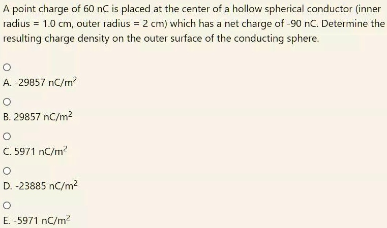 point charge of 60 nc is placed at the center of a hollow spherical ...