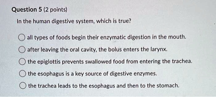 In the human digestive system, which is true?
all types of foods begin their enzymatic digestion in the mouth.
after leaving the oral cavity, the bolus enters the larynx.
the epiglottis prevents swallowed food from entering the trachea.
the esophagus is a key source of digestive enzymes.
the trachea leads to the esophagus and then to the stomach.