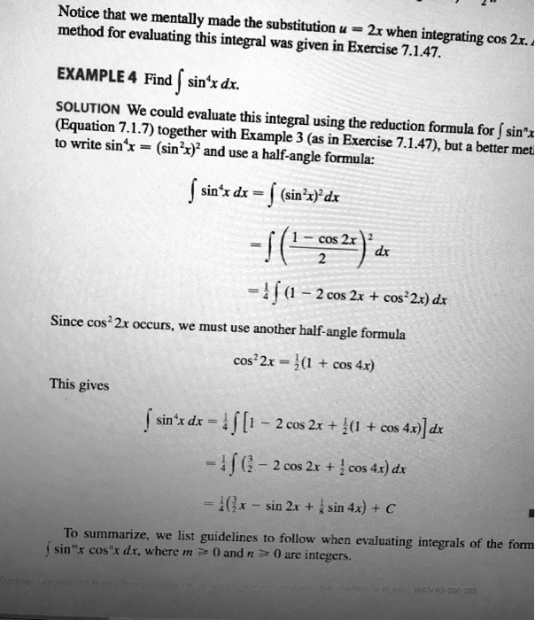 Solved Notice That We Mentally Made The Method For Substitution U Evaluating This 2x Wben Integrating Integral Was Given In Exercise 7 1 47e Cos 2x Example 4 Find Sin X Dx Solutionwe