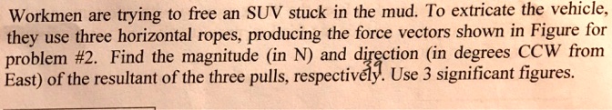 Workmen are trying to free an SUV stuck in the mud. To extricate the vehicle, they use three horizontal ropes, producing the force vectors shown in Figure for problem #2. Find the magnitude (in N) and direction (in degrees CCW from East) of the resultant of the three pulls, respectively. Use 3 significant figures.