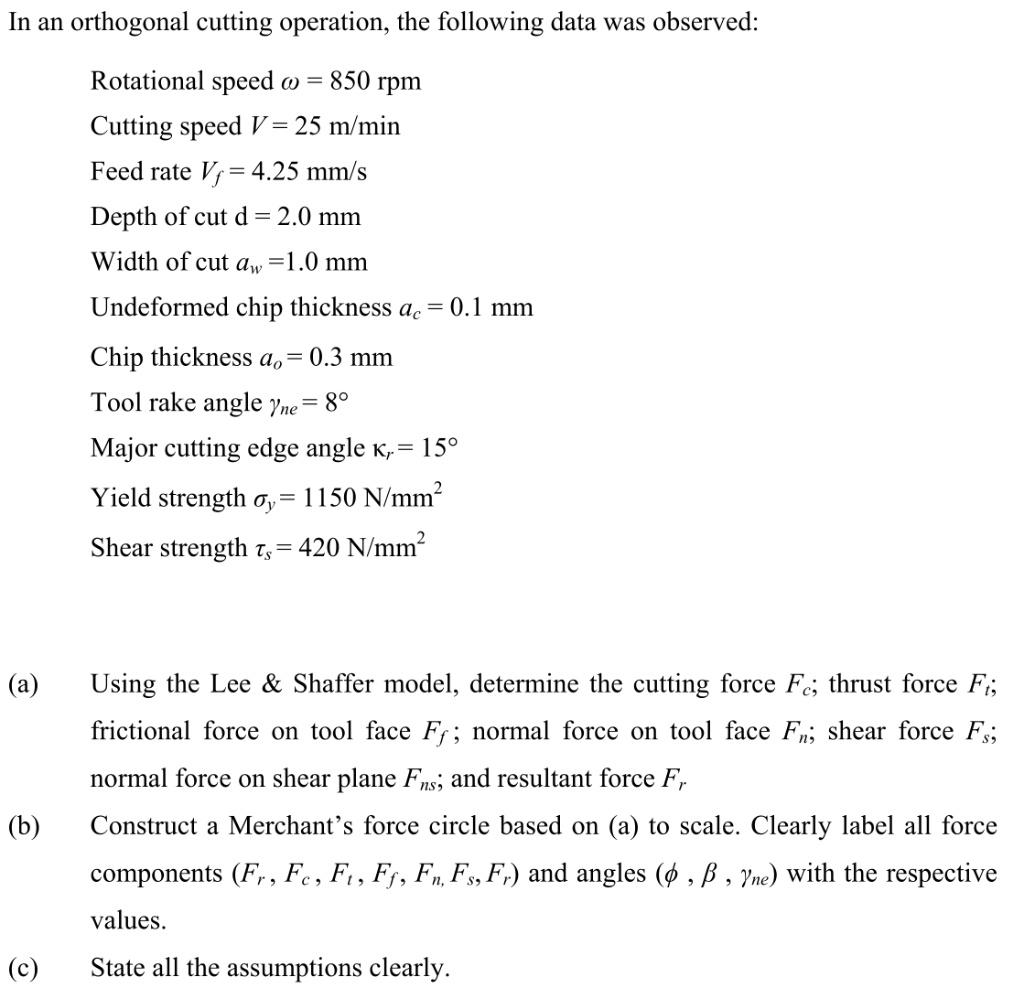 In An Orthogonal Cutting Operation, The Following Data Was Observed 