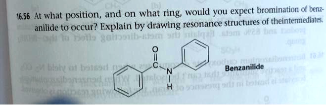 16.56 At what position, and on what ring, would you expect bromination of benzanilide to occur? Explain by drawing resonance structures of the intermediates.

Benzanilide