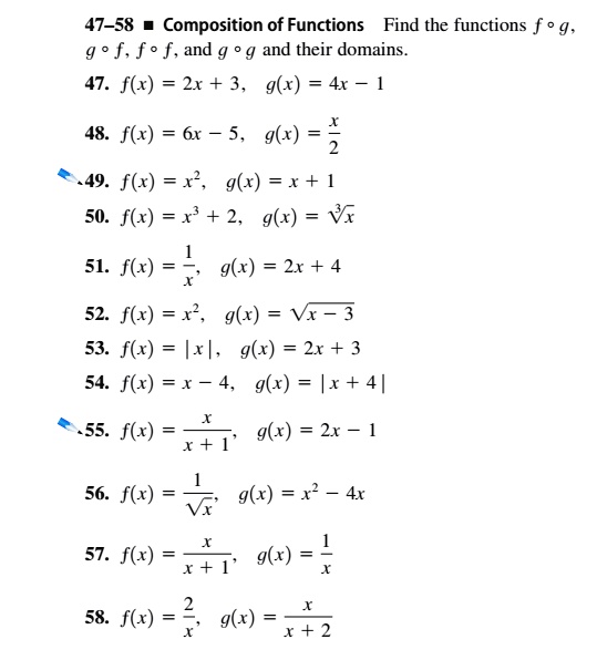 Solved 47 58 Composition Of Functions Find The Functions F V G 9 0 F F 0 F And G G And Their Domains 47 Flx 2x 3 G X