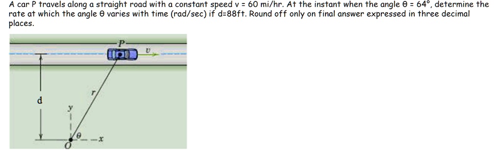 A car P travels along a straight road with a constant speed v = 60 mi/hr. At the instant when the angle ? = 64°, determine the rate at which the angle ? varies with time (rad/sec) if d=88ft. Round off only on final answer expressed in three decimal places.