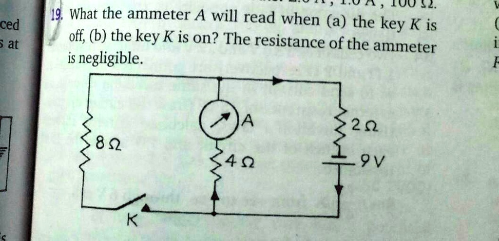 19. What the ammeter A will read when (a) the key K is off, (b) the key ...
