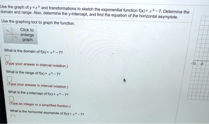 Solved Use The Graph Of Y E And Transformations To Sketch The Exponential Domain And Range Also Determine The Function F X E 7 Determine The Y Intercept And Find The Equation