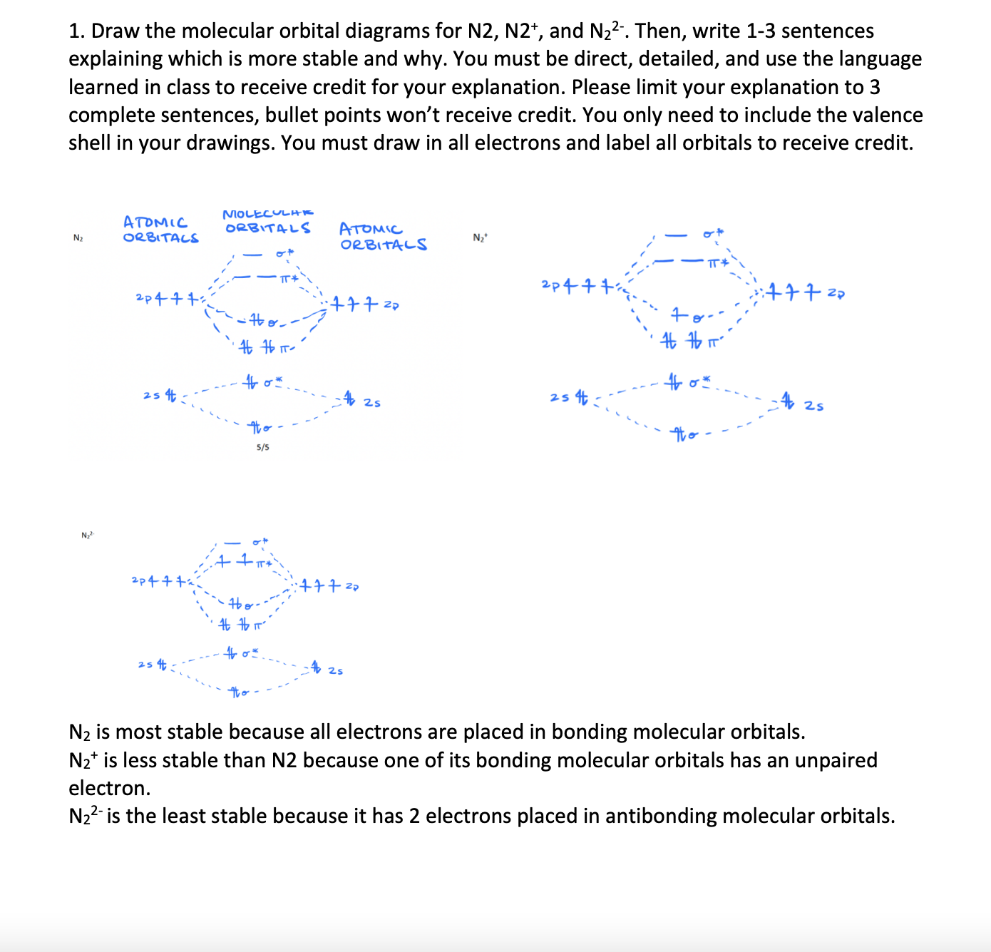 1. Draw the molecular orbital diagrams for N2, N2^+, and N2^2-. Then, write 1-3 sentences explaining which is more stable and why. You must be direct, detailed, and use the language learned in class to receive credit for your explanation. Please limit your explanation to 3 complete sentences, bullet points won't receive credit. You only need to include the valence shell in your drawings. You must draw in all electrons and label all orbitals to receive credit.
254 …⋯+σ^*
5 / 5
254 t …… t0^*……=t2 s
N^2
254=⋯·-45
tow.... =4, 25
N2 is most stable because all electrons are placed in bonding molecular orbitals.
N2^+is less stable than N 2 because one of its bonding molecular orbitals has an unpaired electron.
N^2- is the least stable because it has 2 electrons placed in antibonding molecular orbitals.
