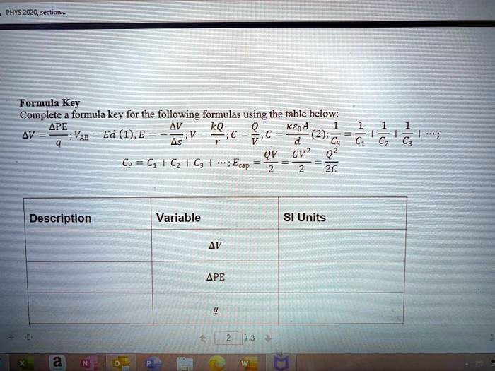 Solved Phns Scction Formula Key Complete Formula Key For The Following Fornulas Using The Table Below Ape Av Ke C K804 Av Vab Ed 1 E V C Cp