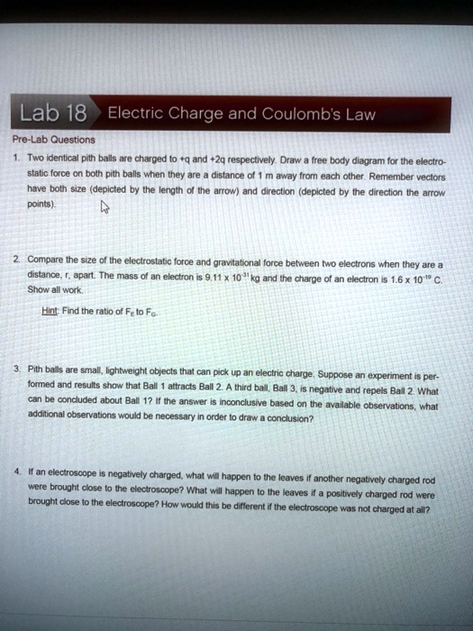 SOLVED: Lab 18 Electric Charge and Coulombs Law Pre-Lab Questions ...