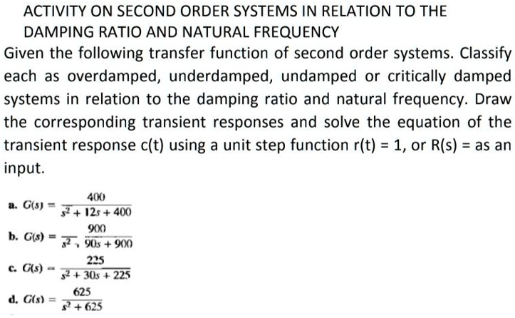 Solved Activity On Second Order Systems In Relation To The Damping Ratio And Natural Frequency