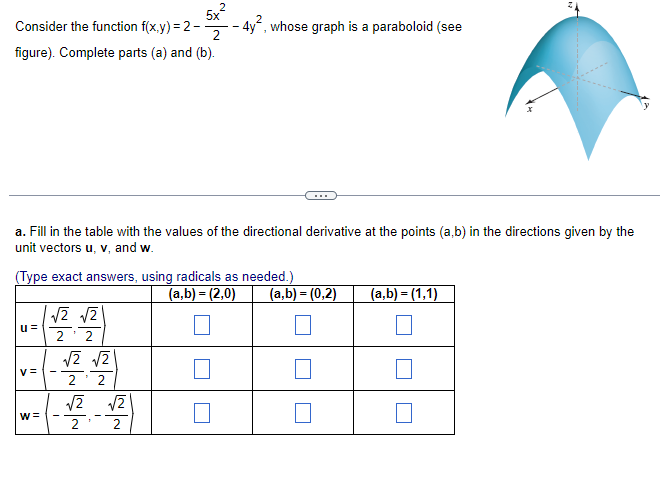 Consider the function f(x, y)=2-(5 x^2)/(2)-4 y^2, whose graph is a ...