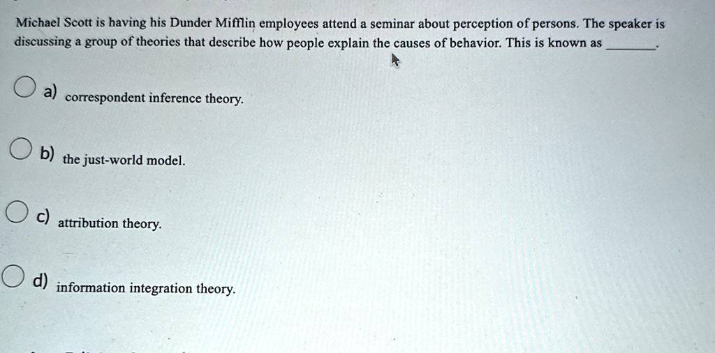 michael scott is having his dunder mifflin employees attend a seminar about perception of persons the speaker is discussing a group of theories that describe how people explain the causes of 04062