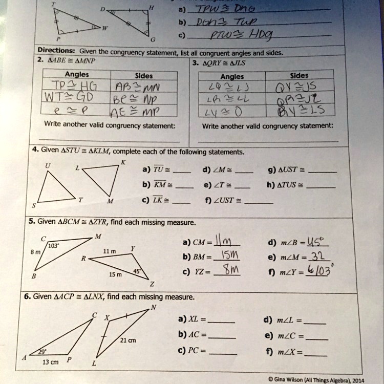 SOLVED: Given Triangle STU Is Congruent To Triangle KLM. Complete Each ...