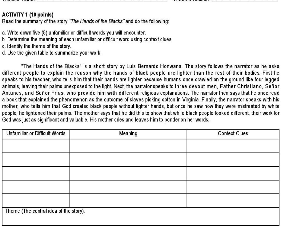 read the summary of the story the hands of the blacksand do the following activity 1 10 points read the summary of the story the hands of the blacks and do the following write down five 5 un 50456