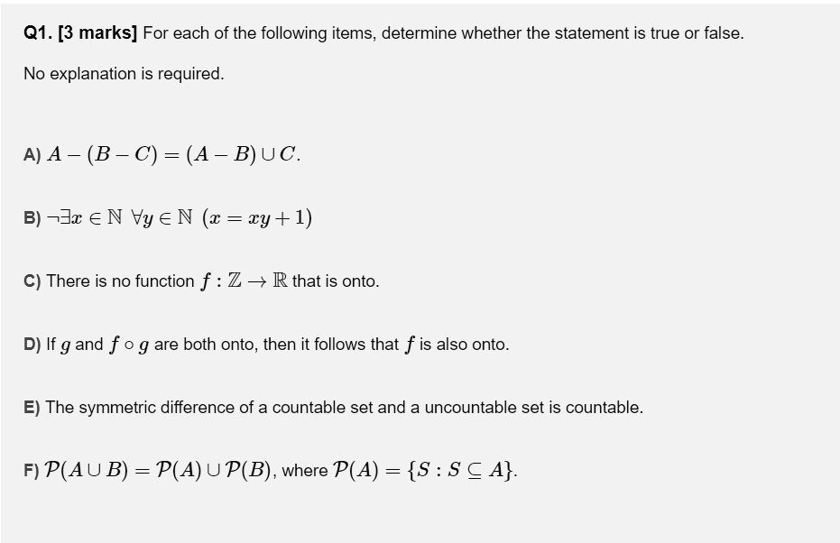 Solved Q1 3 Marks For Each Of The Following Items Determine Whether The Statement Is True Or False No Explanation Is Required A A B C A B Uc B 3x A N Vy Solved Q1 3 Marks For Each Of The Following Items Determine Whether The Statement Is True Or False No Explanation Is Required A A B C A B Uc B 3x A N Vy