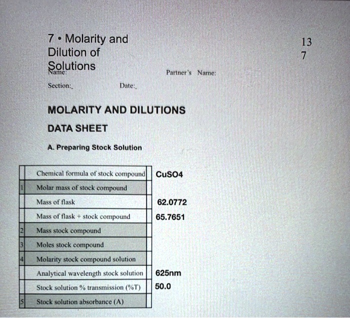 Solved Molarity And Dilution Of Solutions Section Dale Pattnet Name Molarity And Dilutions