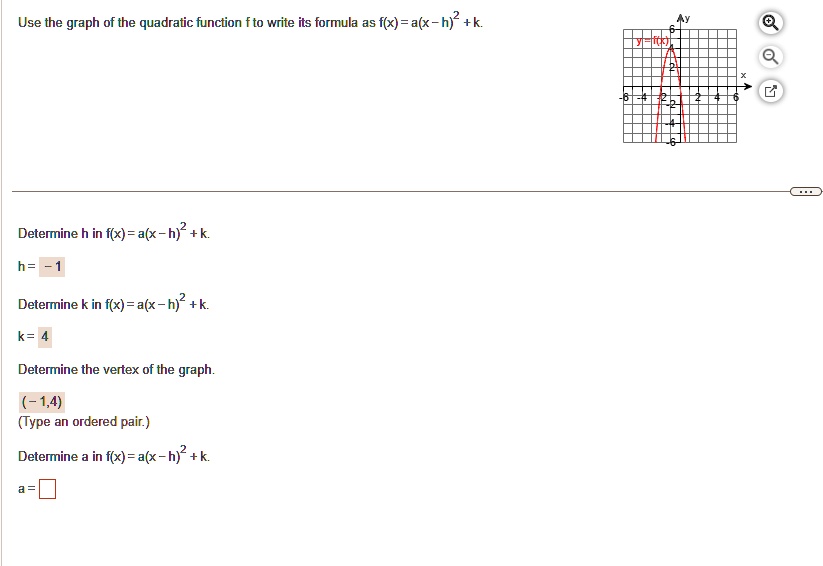 use the graph of the quadratic function f to write its formula as fx ax h2 k determine h in fx ax h2 k h 1 determine k in fx ax h2 k k 4 determine the vertex of the graph 14 type an ordered  22634