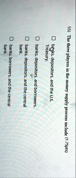 55 the three players in the money supply process include 175pts banks depositors and the us treasury banks depositors and borrowers banks depositors and the central bank banks borrowers and  42899