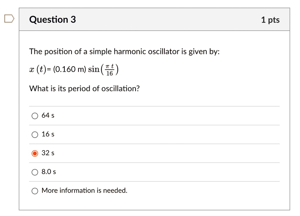 SOLVED Question 3 1 pts The position of a simple harmonic oscillator