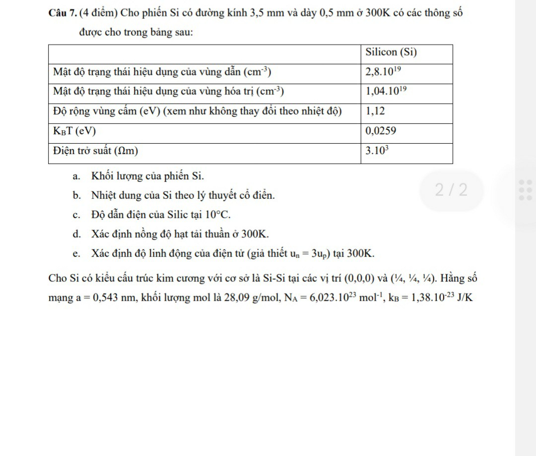 SOLVED: Câu 7. (4 ?i?m) Cho Phi?n Si Có ???ng Kính 3,5 Mm Và Dày 0,5 Mm ...