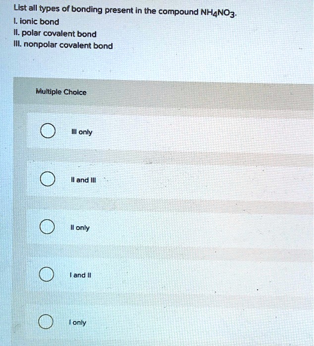 SOLVED List all types of bonding present in the compound NH4NO3 I
