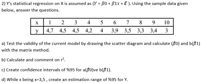 2 ys statistical regression on x is assumed as y bo b1x using the sample data given below answer the questions 23456189 10 47 45 45 42 4 39 35 33 34 a test the validity of the current model  78864