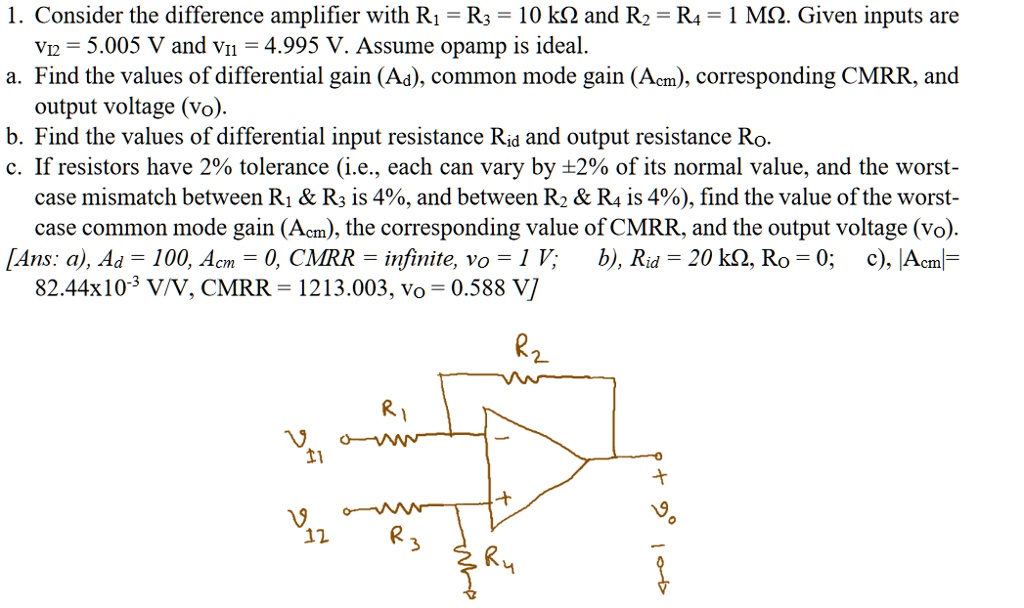 Consider the difference amplifier with R1 = 10 kÎ© and R2 = 1 MÎ