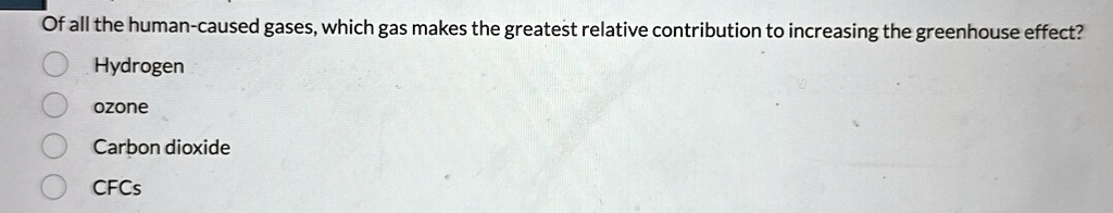 of all the human caused gases which gas makes the greatest relative contribution to increasing the greenhouse effect hydrogen ozone carbon dioxide cfcs 24814