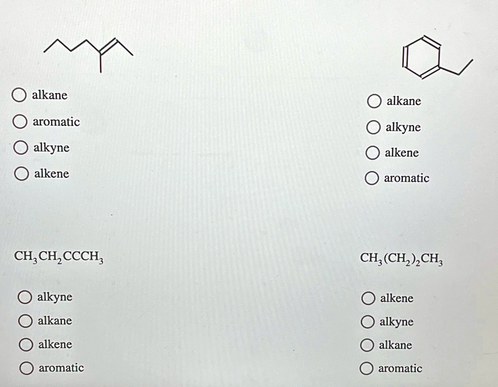 Alkane Aromatic Alkyne Alkene CH3CH2CCCH3 Alkyne Alkane Alkene Aromatic ...