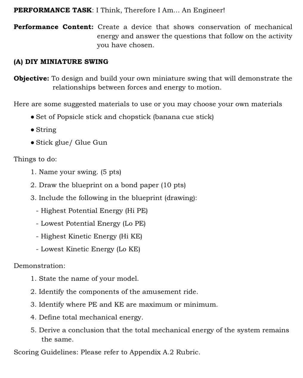 PERFORMANCE TASK I Think, Therefore I Am... An Engineer! Performance