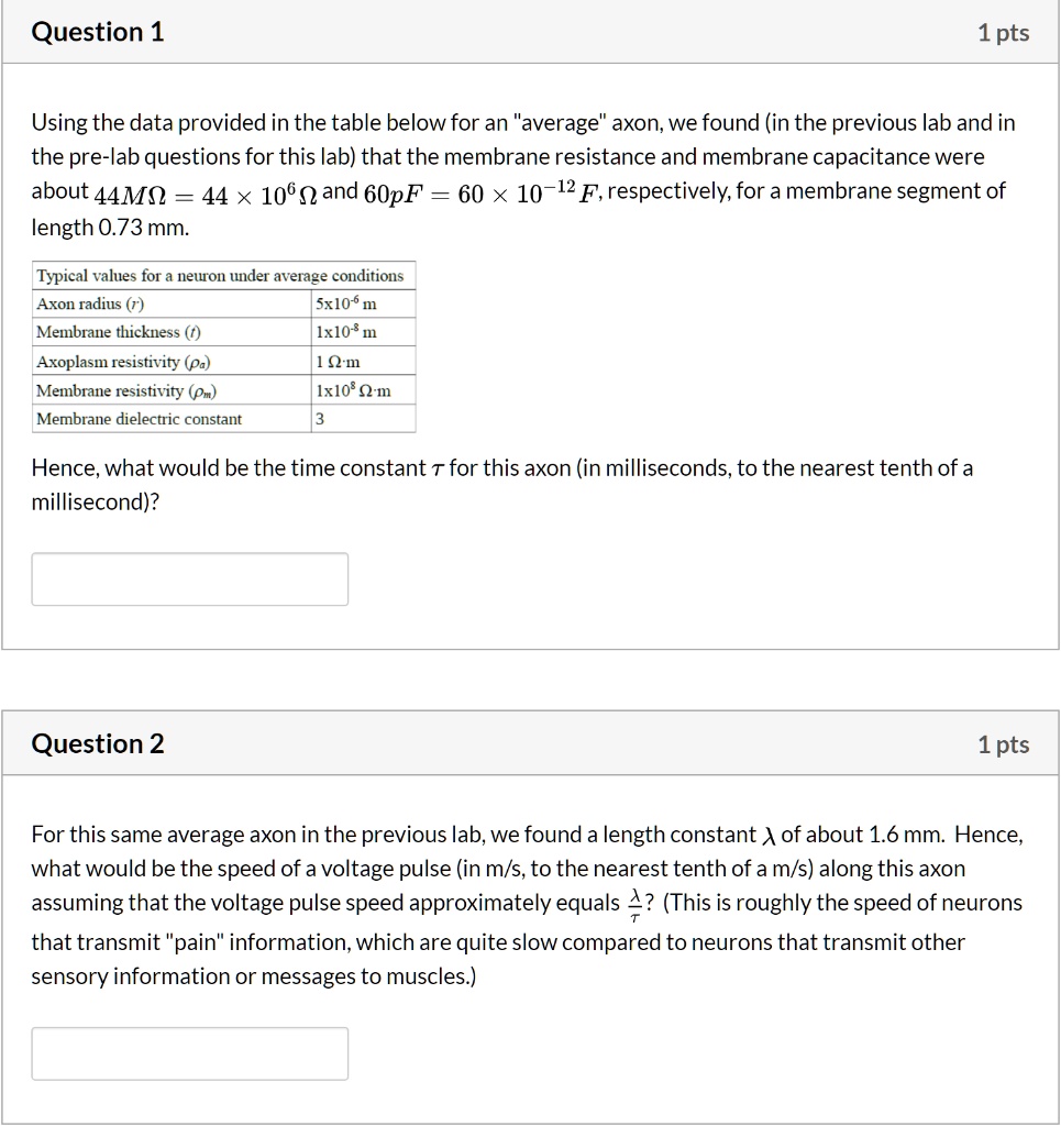 Question 1 1 pts Using the data provided in the table below for an ...
